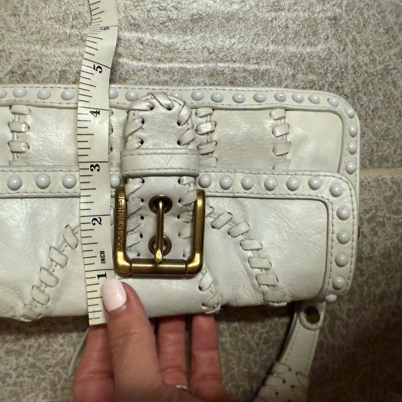 Isabella Fiore Cream Leather Clutch/wristlet with Tassel, Buckle, and studs - Picture 11 of 12